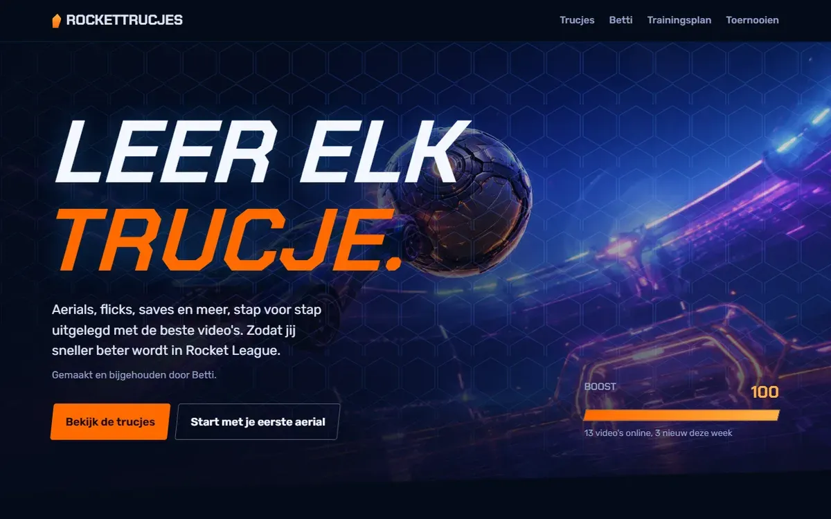 Het beginscherm van Rockettrucjes: donker, met de kop “Leer elk trucje.” en een auto in de lucht